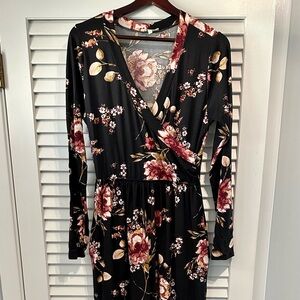 Black Floral Wrap Maxi Dress with Burgundy Rose Print
